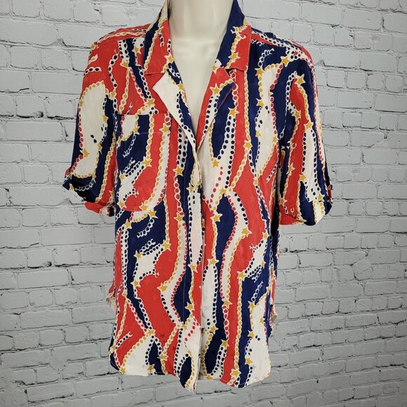 VTG Francesca Of Damon Starington Multicolor 100% Silk Stars Buttoned Top Size 6 - Picture 1 of 11